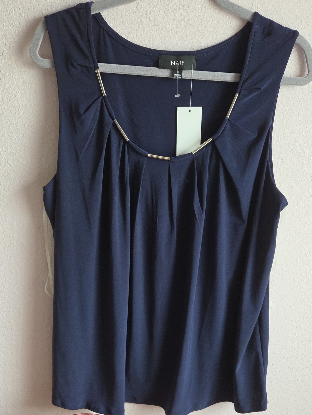 NAIF Navy Sleeveless Pleat-Front Camisole with Metallic Neck Tubes